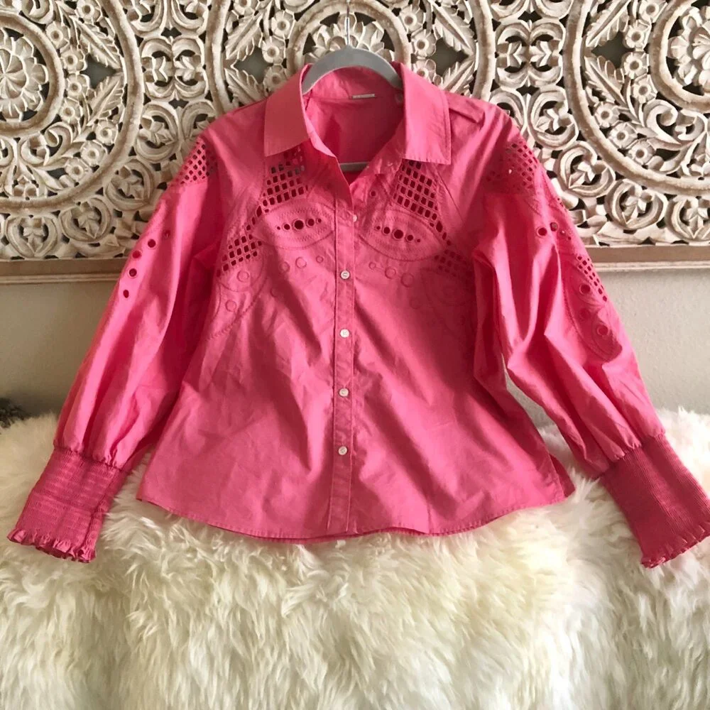 Elie Tahari Pink Eyelet Puff Sleeve Button-down blouse Org. $395 - Picture 6 of 10